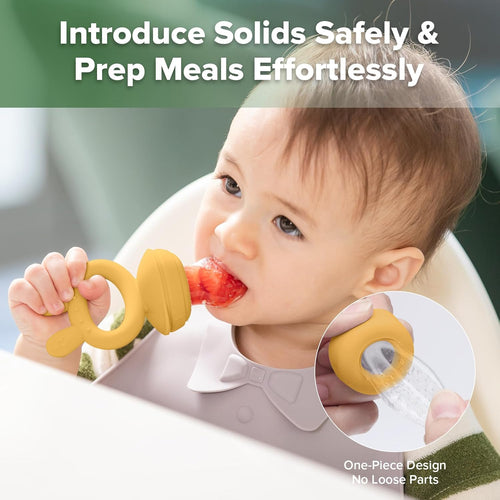 Baby Fruit Food Feeder & Mini Freezer Nibble Tray Combo, Breastmilk Popsicle Molds for Baby Cooling Relief, BPA Free Silicone Feeder for Safe Infant Self Feeding, 4 Month+ (Mustard)