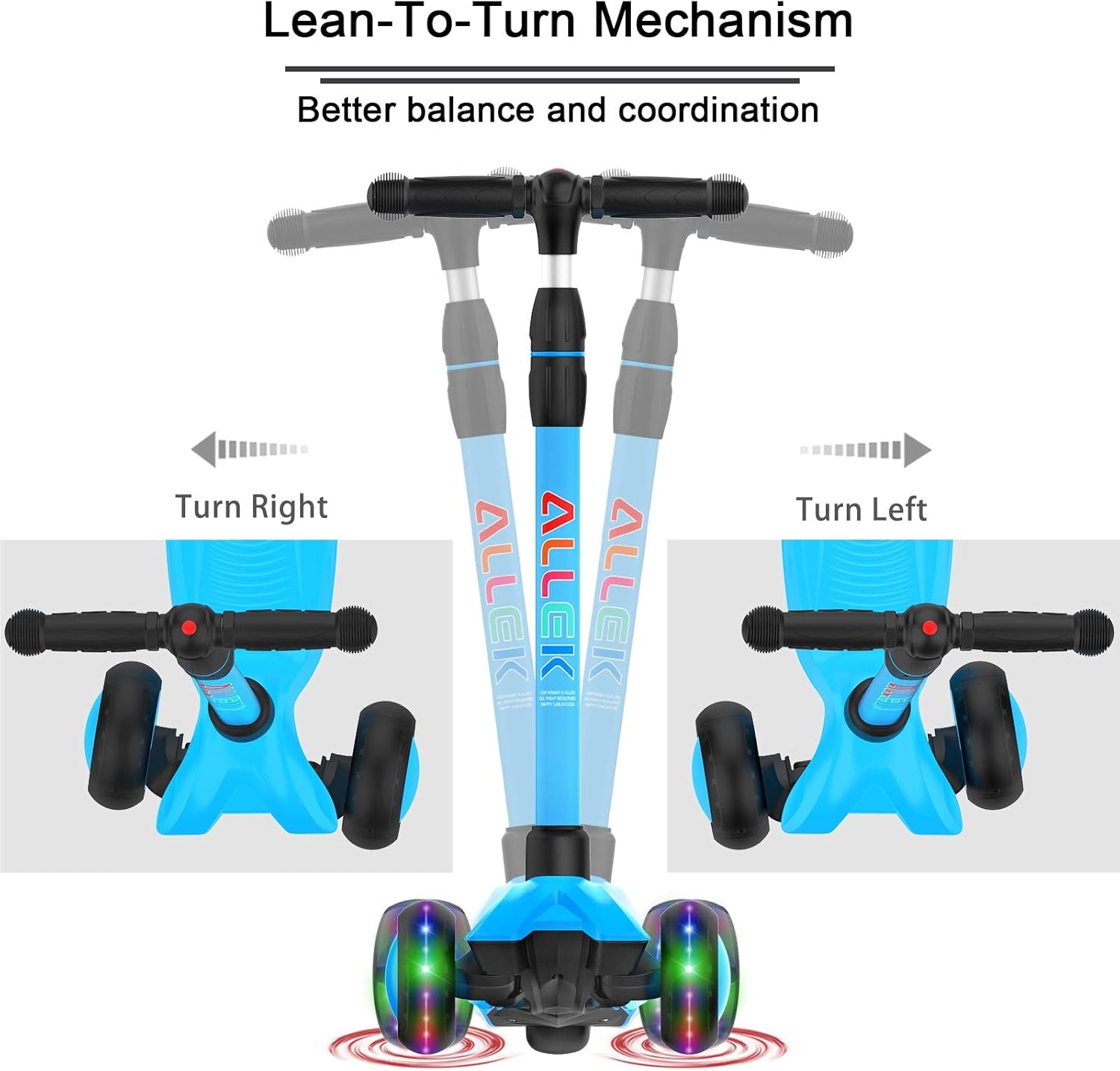 Kick Scooter B03, Lean 'N Glide 3-Wheeled Push Scooter with Extra Wide PU Light-Up Wheels, Any Height Adjustable Handlebar and Strong Thick Deck for Children from 3-12Yrs (Aqua Blue)