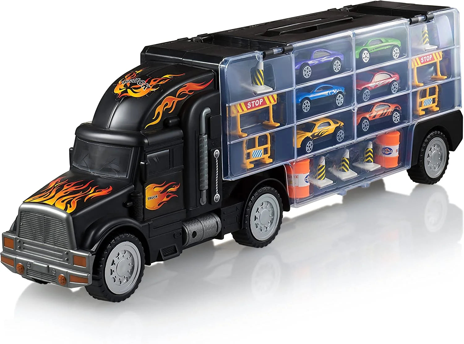 Toy Truck Transport Car Carrier - Toy Truck Includes 6 Toy Cars and Accessories - Toy Trucks Fits 28 Toy Car Slots - Great Car Toys Gift for Boys and Girls - Original by Usa