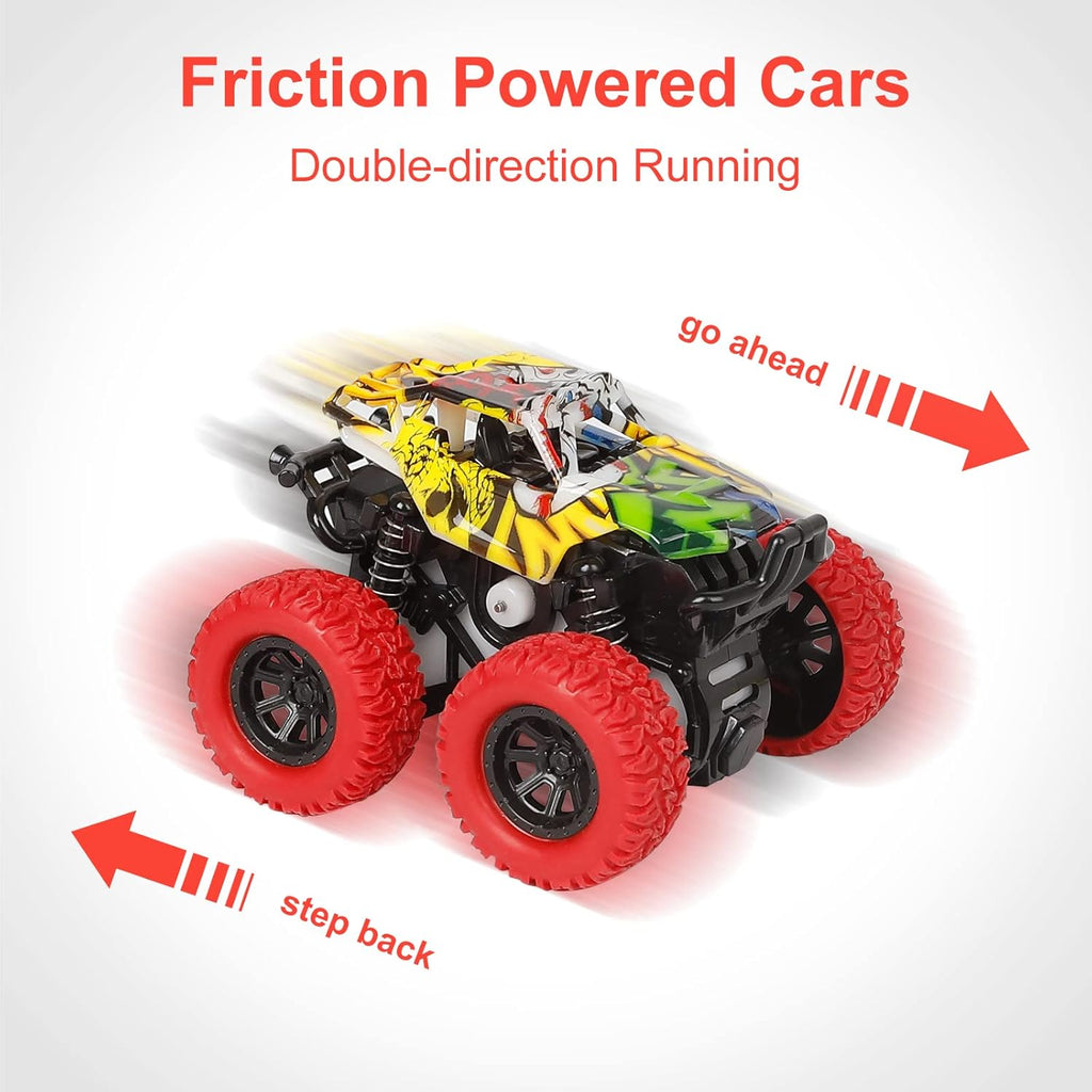 Monster Truck Toys for Kids, Friction Cars for Toddlers Push and Go 360° Rotating Stunt Car for 3+ Year Old Boys Girls Gifts (2 Pack - Red and Yellow)