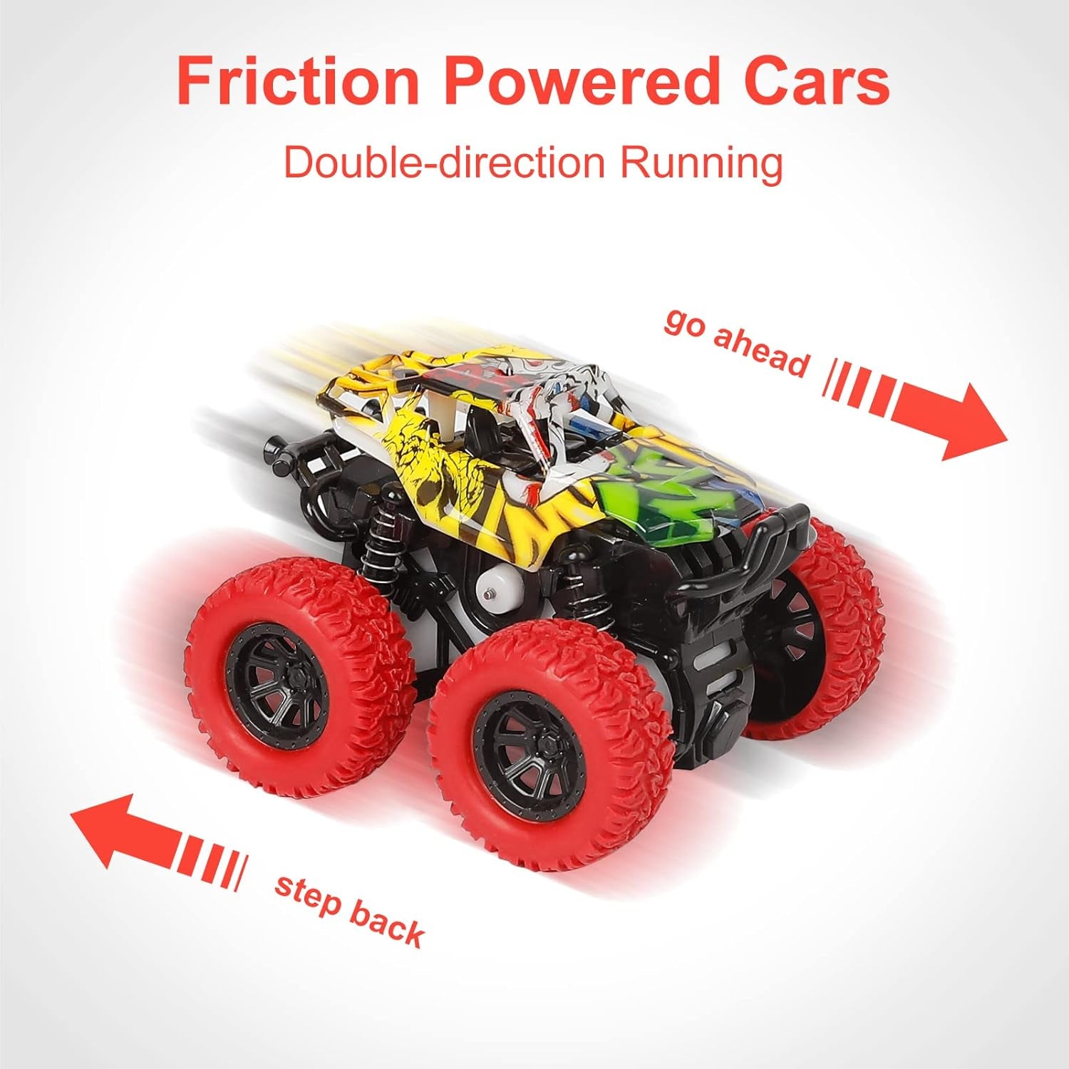 Monster Truck Toys for Kids, Friction Cars for Toddlers Push and Go 360° Rotating Stunt Car for 3+ Year Old Boys Girls Gifts (2 Pack - Red and Yellow)
