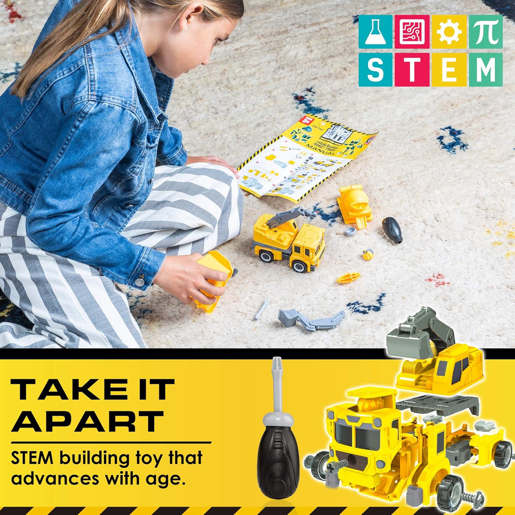 Truck Bots Construction Truck Robots for Kids - 4-In-1 STEM Robot Take Apart Toys for Boys and Girls, 19Pc Construction Vehicles Building Kit with Toy Screwdriver
