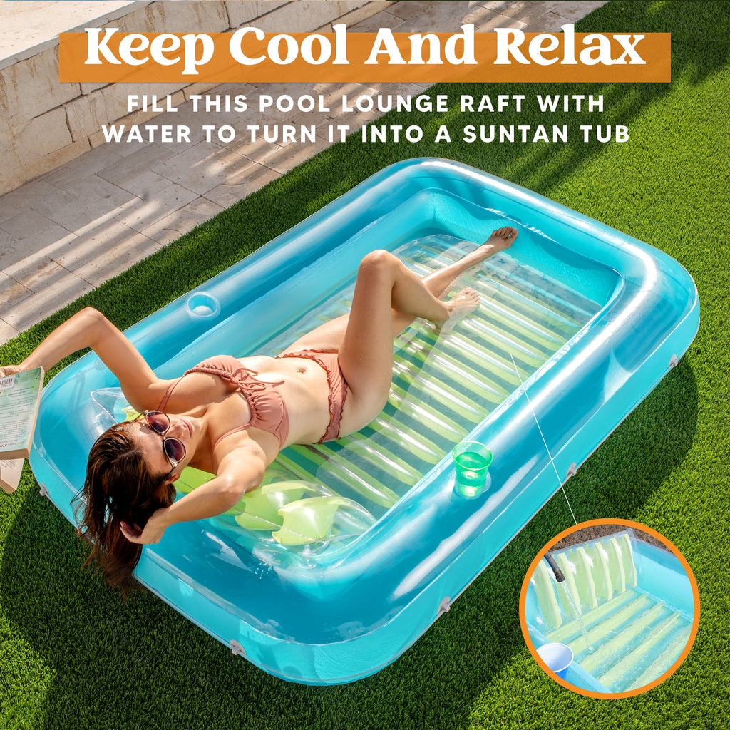 Inflatable Tanning Pool Lounger Float, 70" X 46" Large Suntan Tub with Pillow, Water Raft Floatie for Adults, Blue