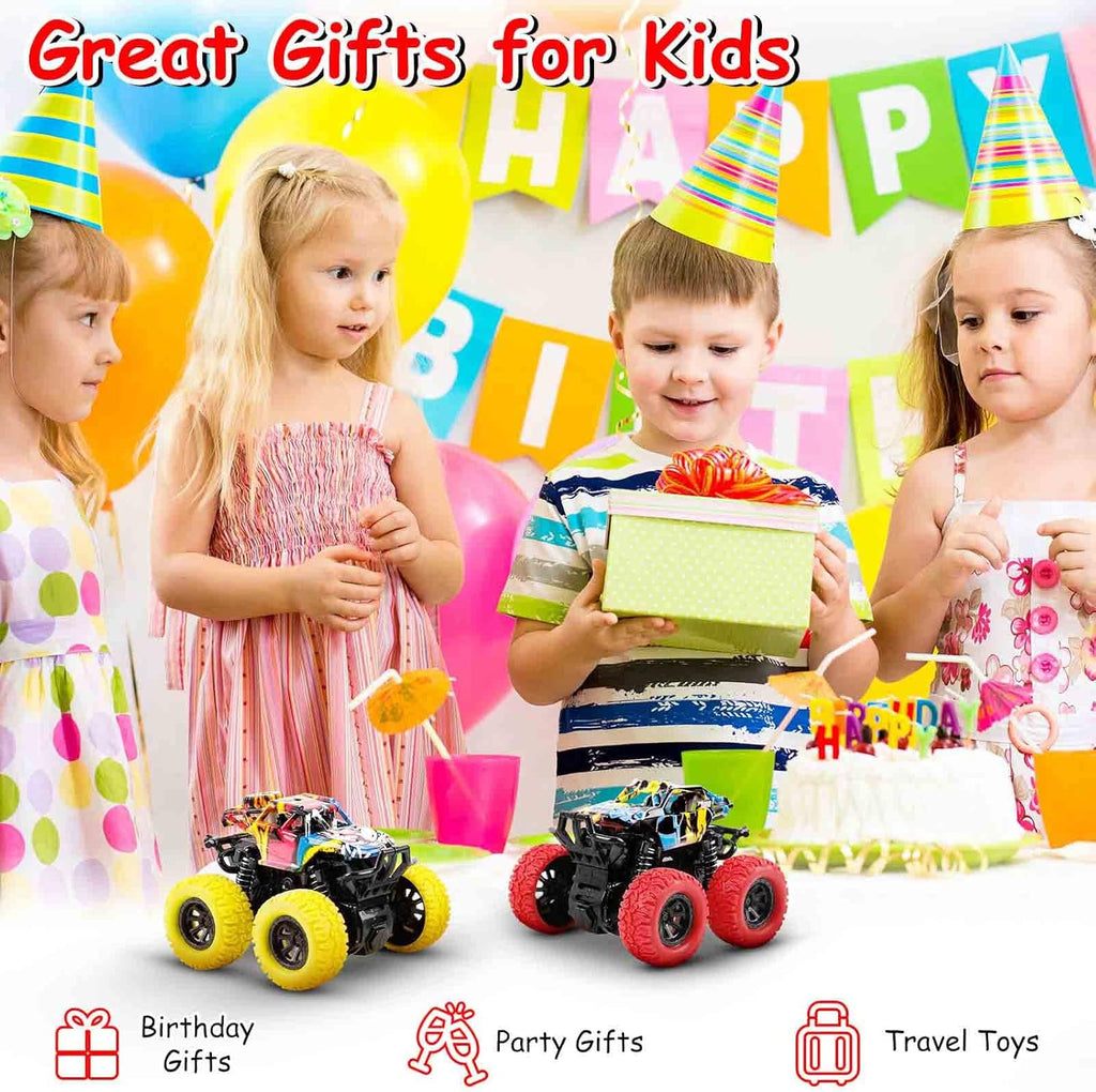 Monster Truck Toys for Kids, Friction Cars for Toddlers Push and Go 360° Rotating Stunt Car for 3+ Year Old Boys Girls Gifts (2 Pack - Red and Yellow)