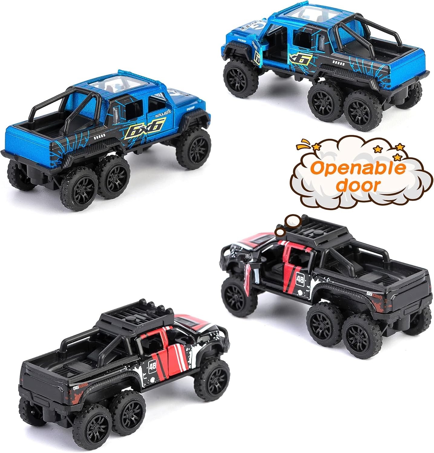 Diecast Toy Trucks 4 Pack Die Cast Metal Toy Cars Pull Back Cars Openable Doors Off-Road Vehicles Birthday Gift for Boys and Toddlers (Colorful)