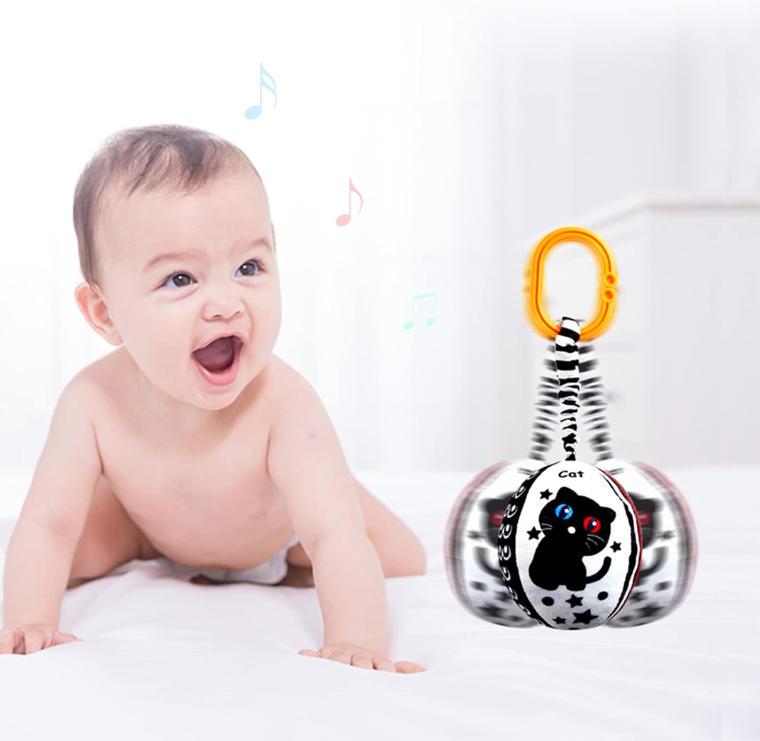 Baby Hanging Rattle Toys, 4 Pack Black and White Car Seat Baby Toys Soft Squeaky Stroller Toy for Babies Montessori Sensory Toy 0-12 Months for Newborn Infant, White and Black