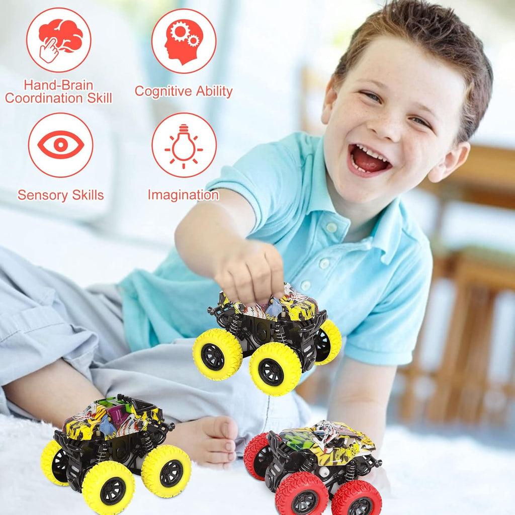 Monster Truck Toys for Kids, Friction Cars for Toddlers Push and Go 360° Rotating Stunt Car for 3+ Year Old Boys Girls Gifts (2 Pack - Red and Yellow)