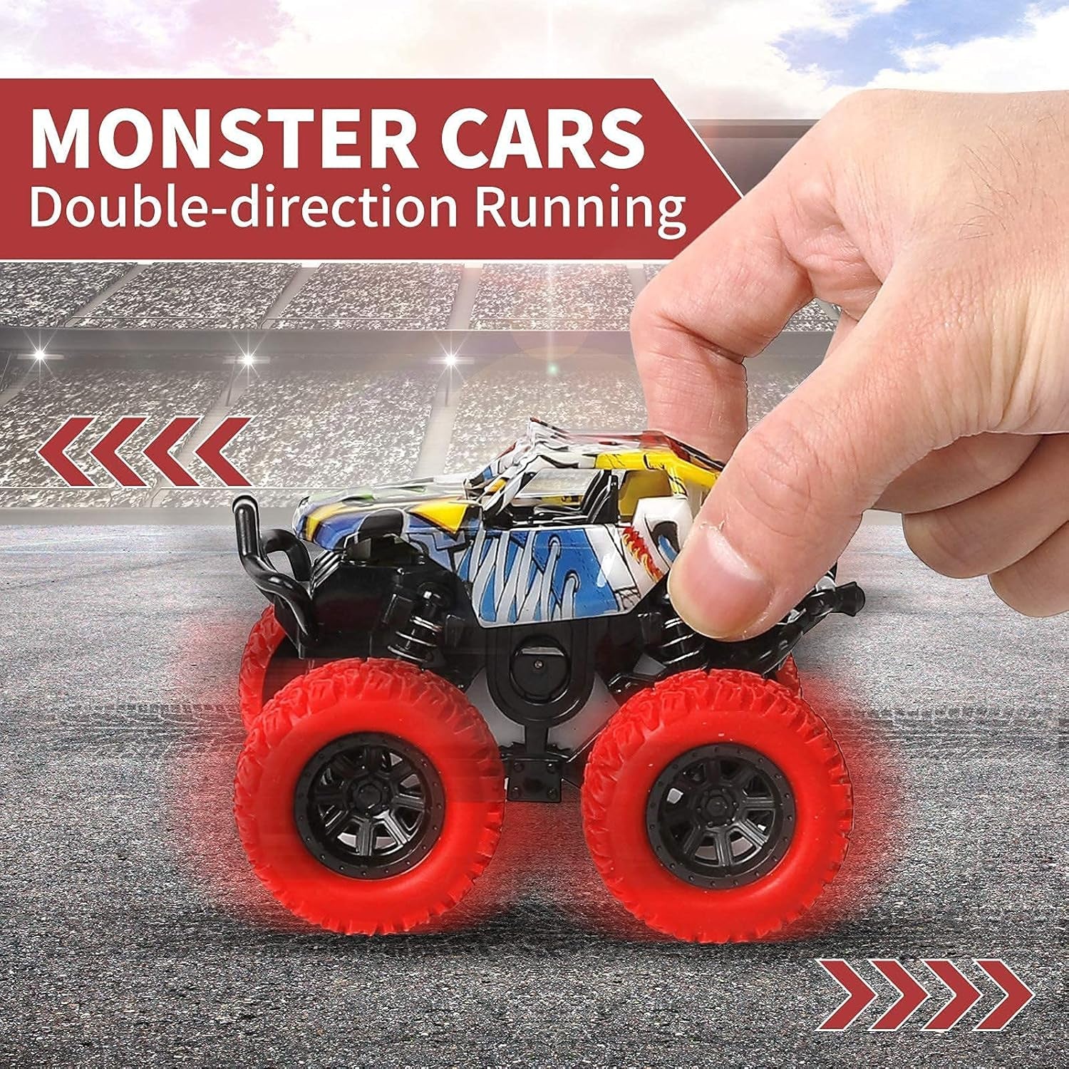 Monster Truck Toys for Kids, Friction Cars for Toddlers Push and Go 360° Rotating Stunt Car for 3+ Year Old Boys Girls Gifts (2 Pack - Red and Yellow)