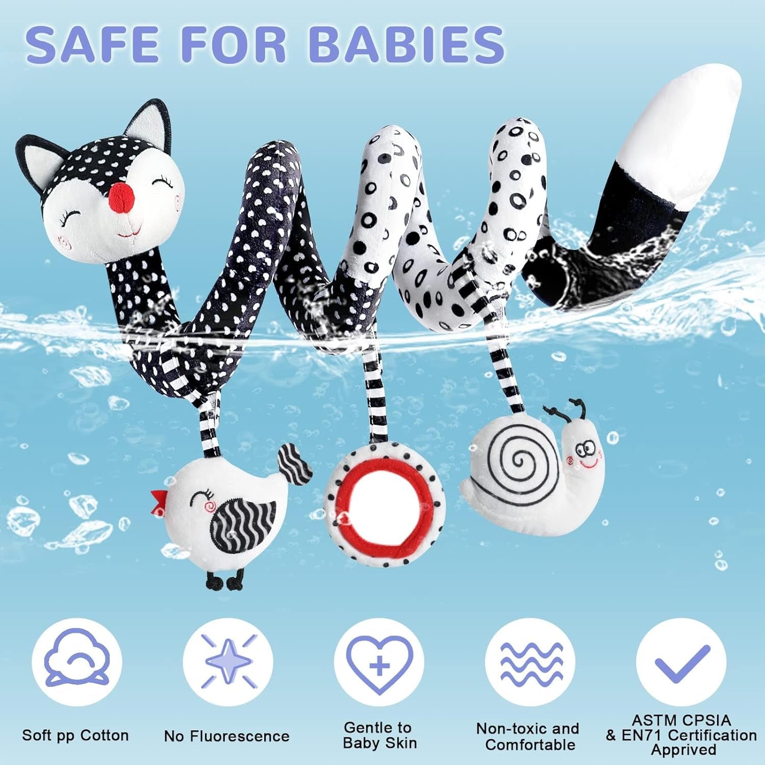 Baby Spiral Plush Toys, Black and White Baby Car Seat Toys, High Contrast Infant Newborn Toy 0-6 Months for Stroller Crib Mobile, Sensory Toy Best Gift for 0 3 6 9 12 Months Boys Girls