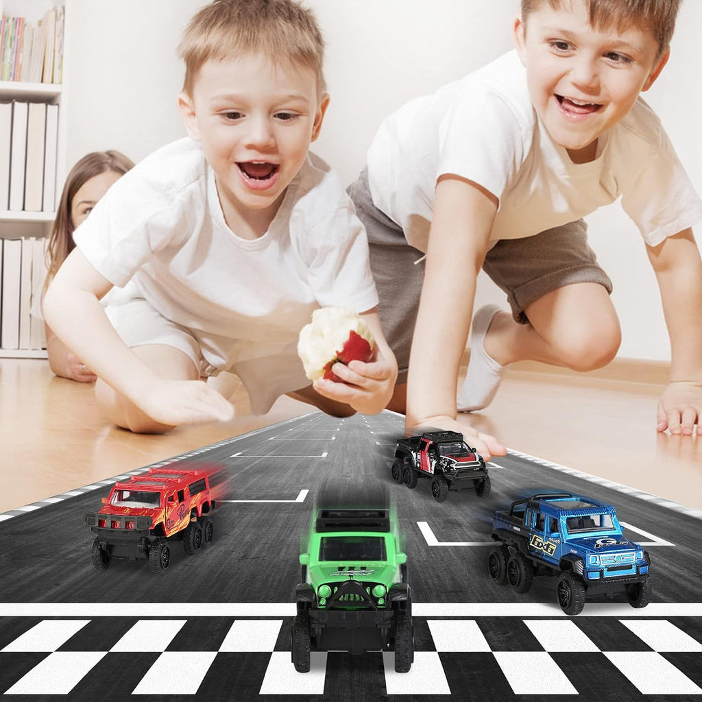 Diecast Toy Trucks 4 Pack Die Cast Metal Toy Cars Pull Back Cars Openable Doors Off-Road Vehicles Birthday Gift for Boys and Toddlers (Colorful)
