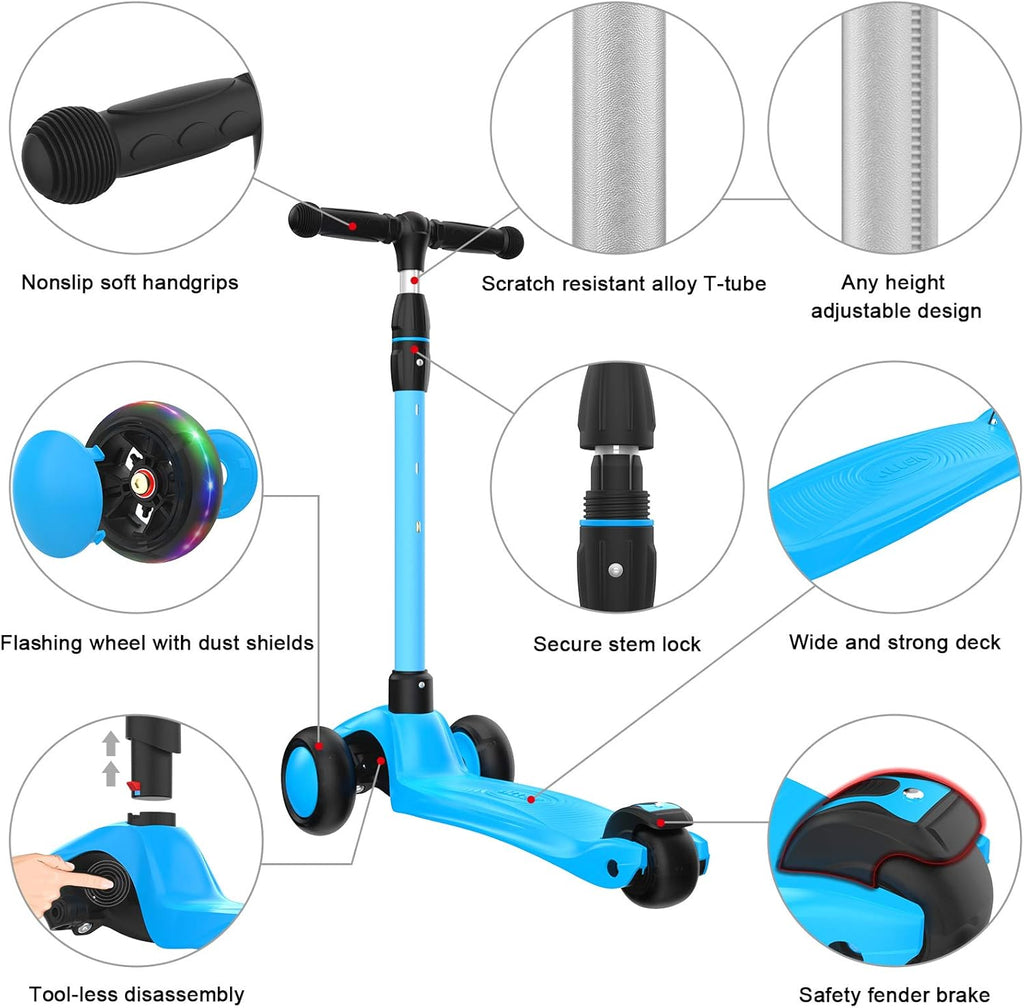 Kick Scooter B03, Lean 'N Glide 3-Wheeled Push Scooter with Extra Wide PU Light-Up Wheels, Any Height Adjustable Handlebar and Strong Thick Deck for Children from 3-12Yrs (Aqua Blue)