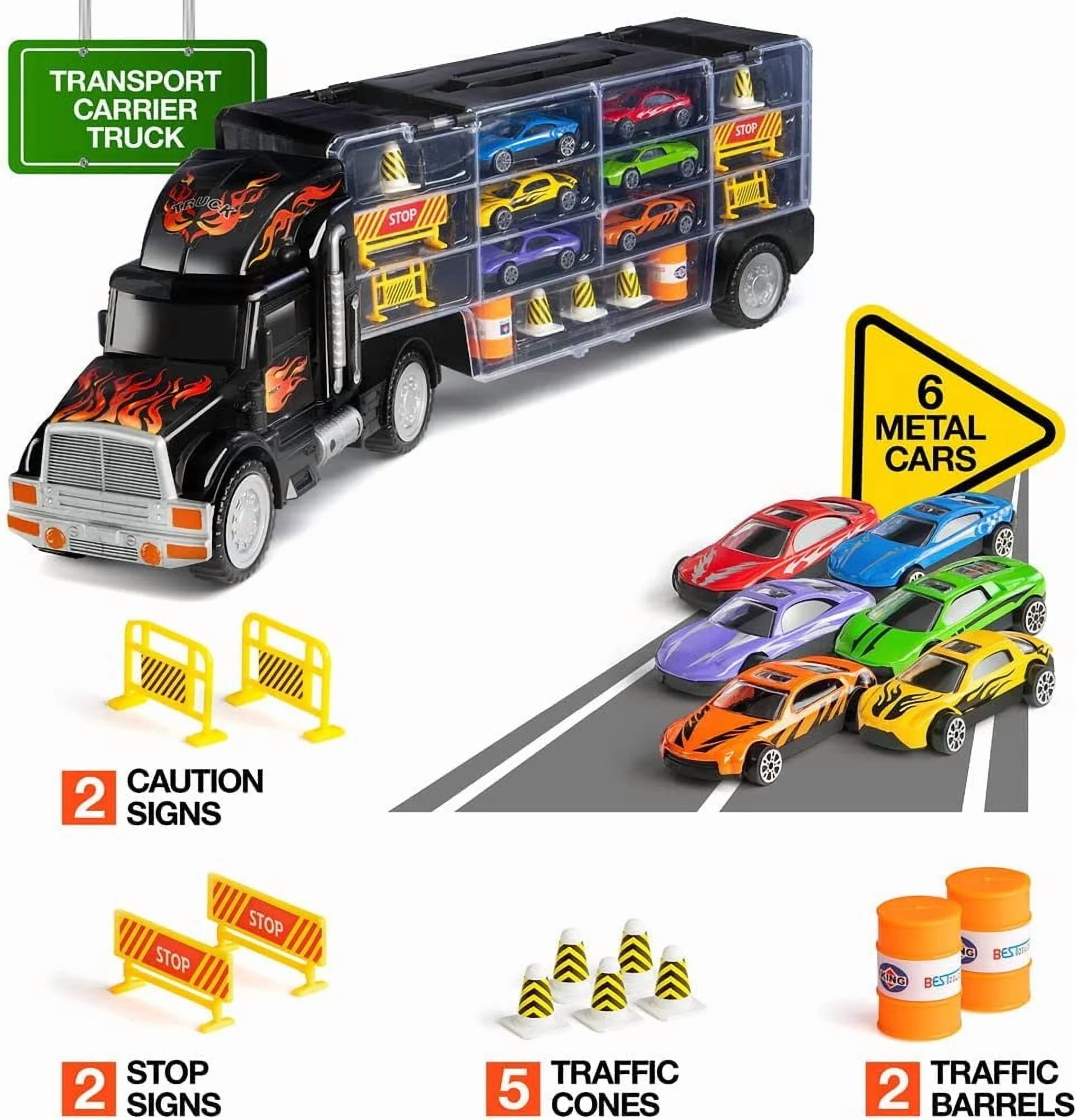 Toy Truck Transport Car Carrier - Toy Truck Includes 6 Toy Cars and Accessories - Toy Trucks Fits 28 Toy Car Slots - Great Car Toys Gift for Boys and Girls - Original by Usa