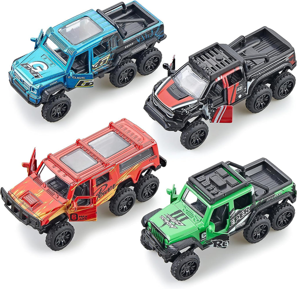 Diecast Toy Trucks 4 Pack Die Cast Metal Toy Cars Pull Back Cars Openable Doors Off-Road Vehicles Birthday Gift for Boys and Toddlers (Colorful)