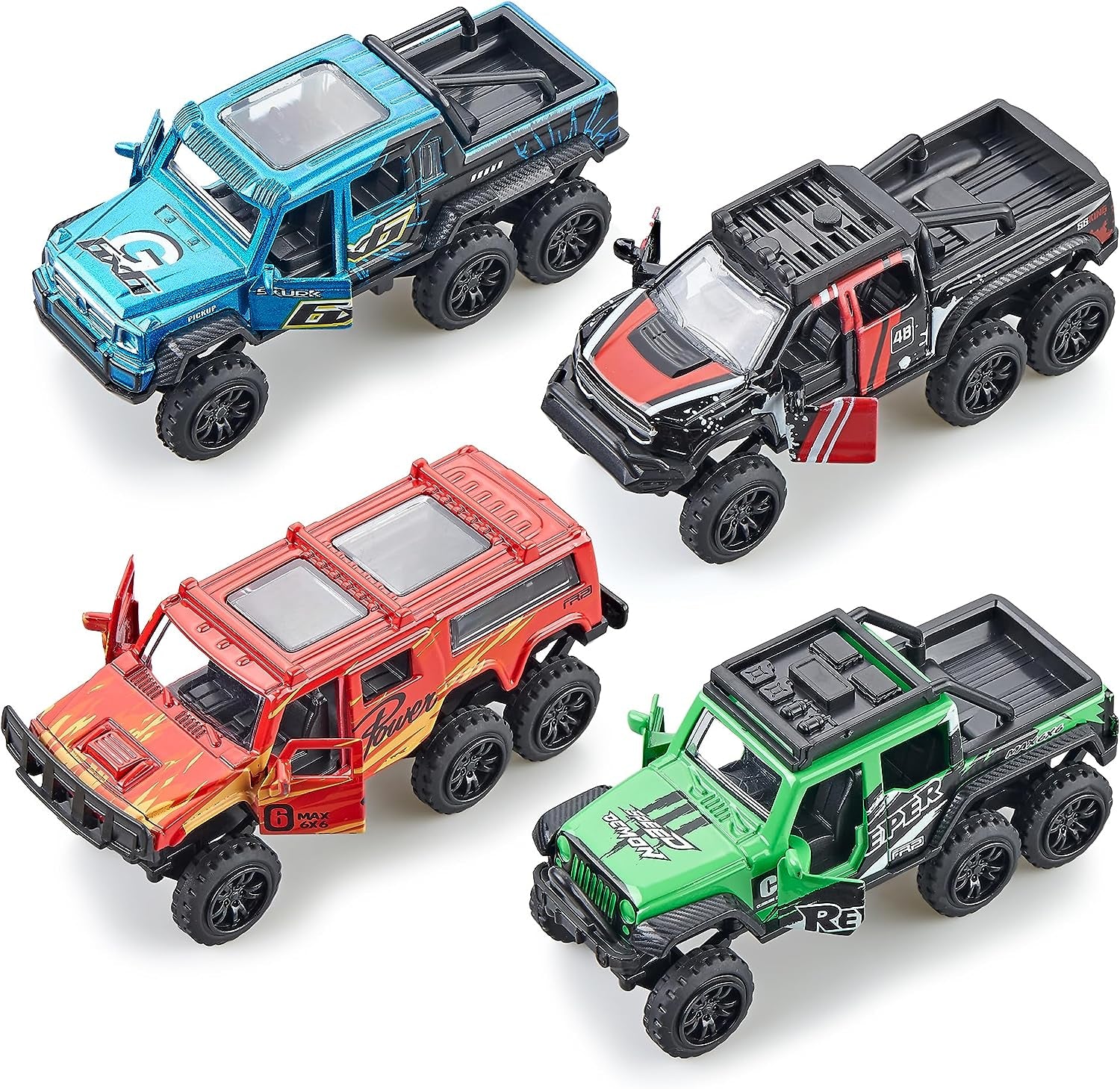 Diecast Toy Trucks 4 Pack Die Cast Metal Toy Cars Pull Back Cars Openable Doors Off-Road Vehicles Birthday Gift for Boys and Toddlers (Colorful)