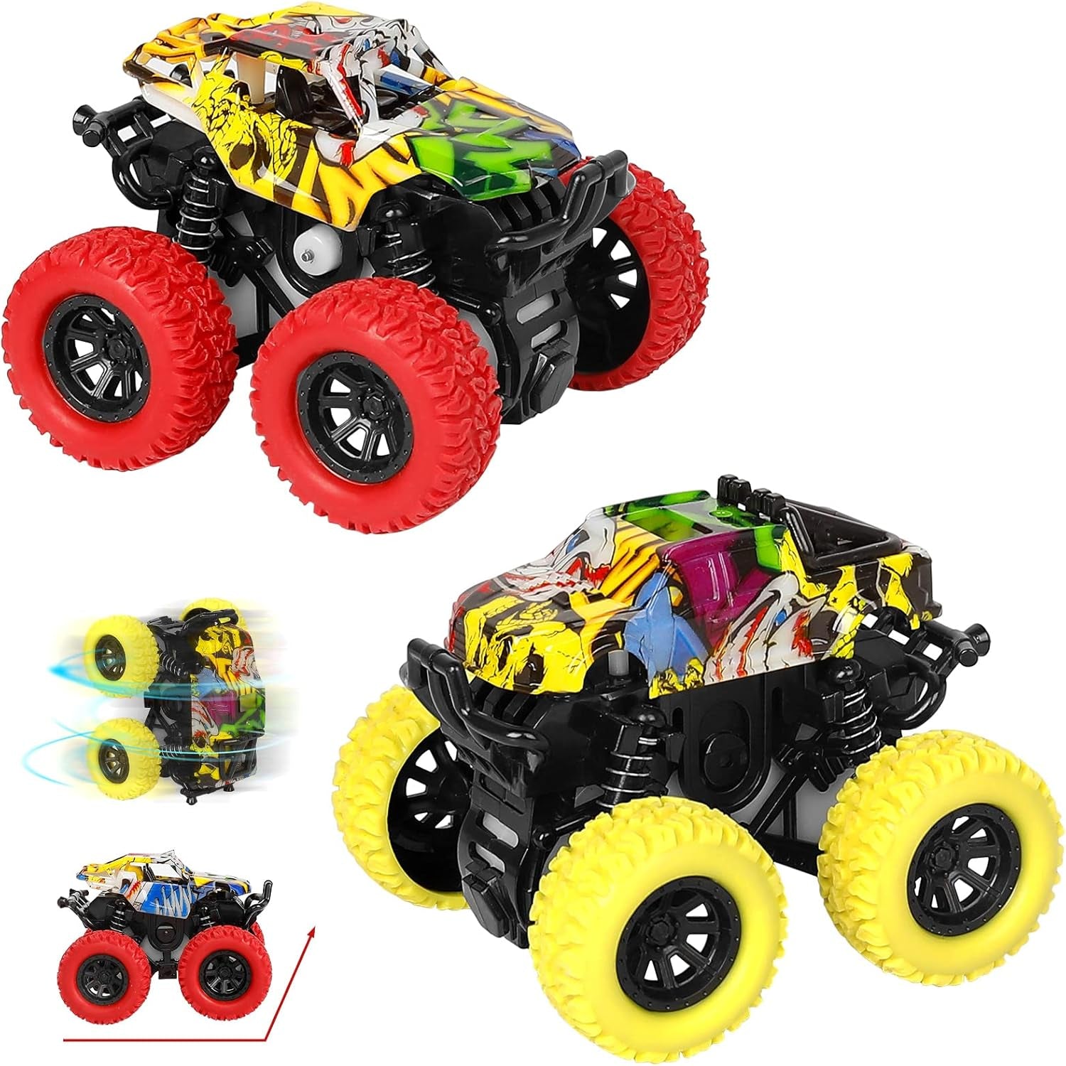 Monster Truck Toys for Kids, Friction Cars for Toddlers Push and Go 360° Rotating Stunt Car for 3+ Year Old Boys Girls Gifts (2 Pack - Red and Yellow)