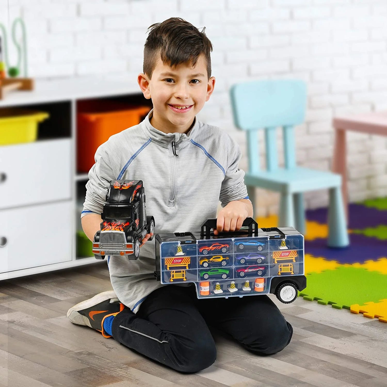 Toy Truck Transport Car Carrier - Toy Truck Includes 6 Toy Cars and Accessories - Toy Trucks Fits 28 Toy Car Slots - Great Car Toys Gift for Boys and Girls - Original by Usa