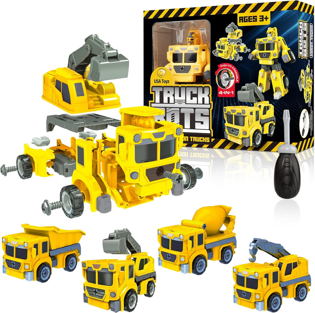 Truck Bots Construction Truck Robots for Kids - 4-In-1 STEM Robot Take Apart Toys for Boys and Girls, 19Pc Construction Vehicles Building Kit with Toy Screwdriver