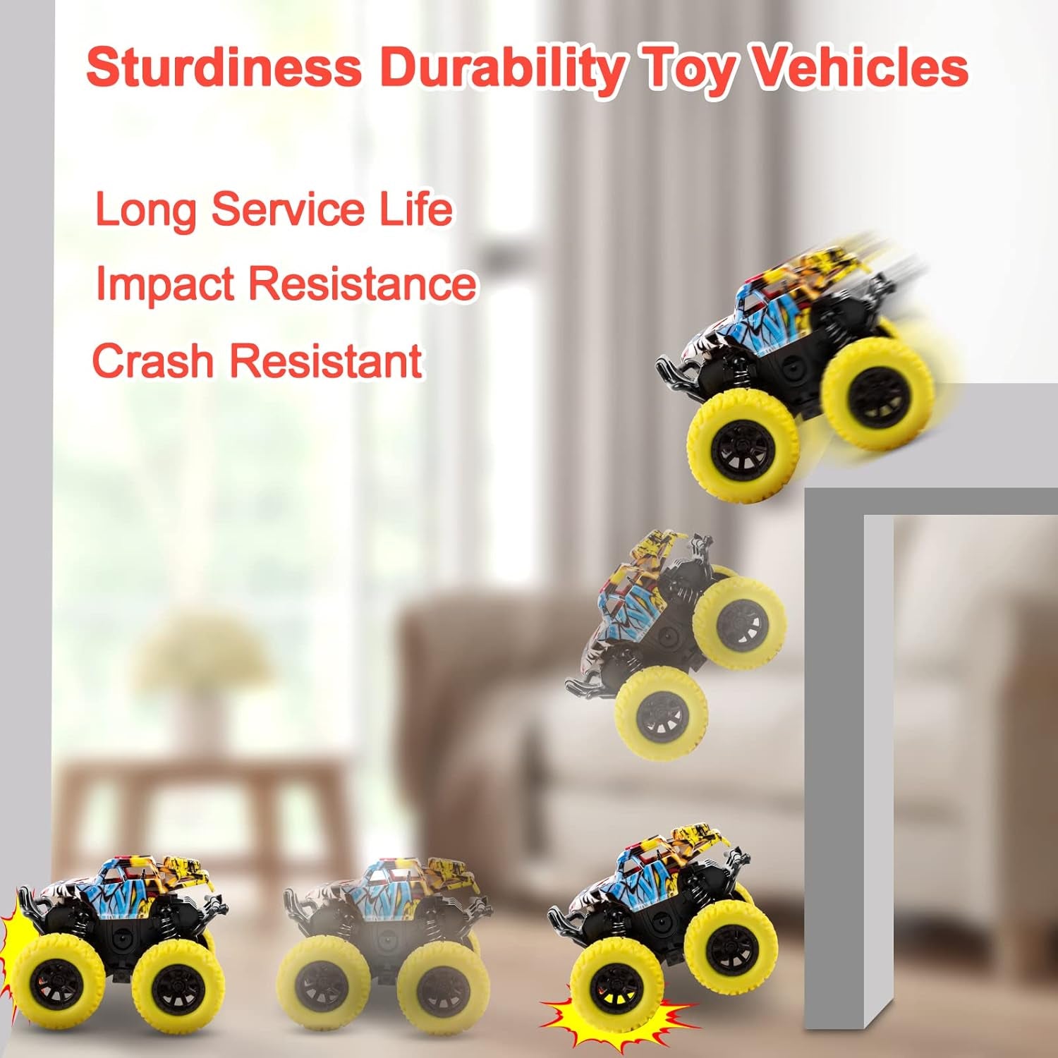 Monster Truck Toys for Kids, Friction Cars for Toddlers Push and Go 360° Rotating Stunt Car for 3+ Year Old Boys Girls Gifts (2 Pack - Red and Yellow)