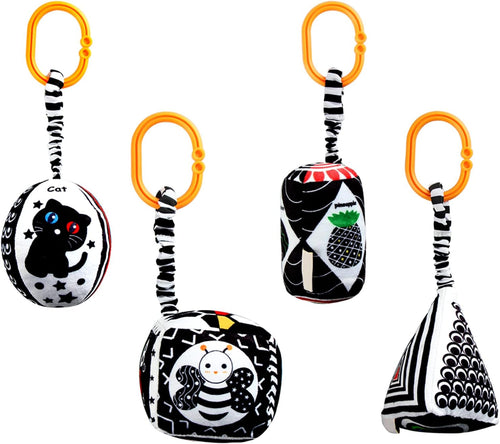 Baby Hanging Rattle Toys, 4 Pack Black and White Car Seat Baby Toys Soft Squeaky Stroller Toy for Babies Montessori Sensory Toy 0-12 Months for Newborn Infant, White and Black