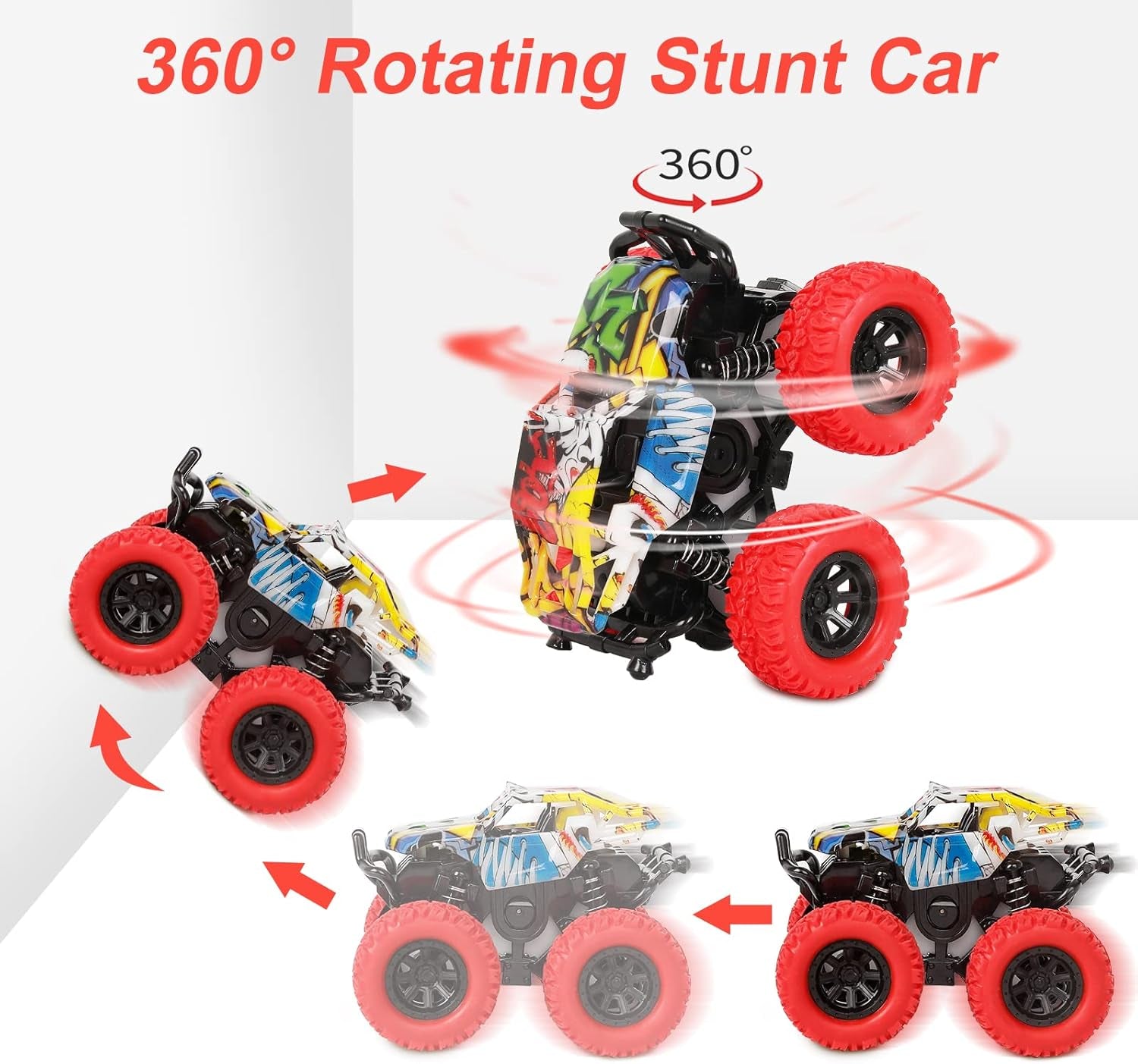 Monster Truck Toys for Kids, Friction Cars for Toddlers Push and Go 360° Rotating Stunt Car for 3+ Year Old Boys Girls Gifts (2 Pack - Red and Yellow)