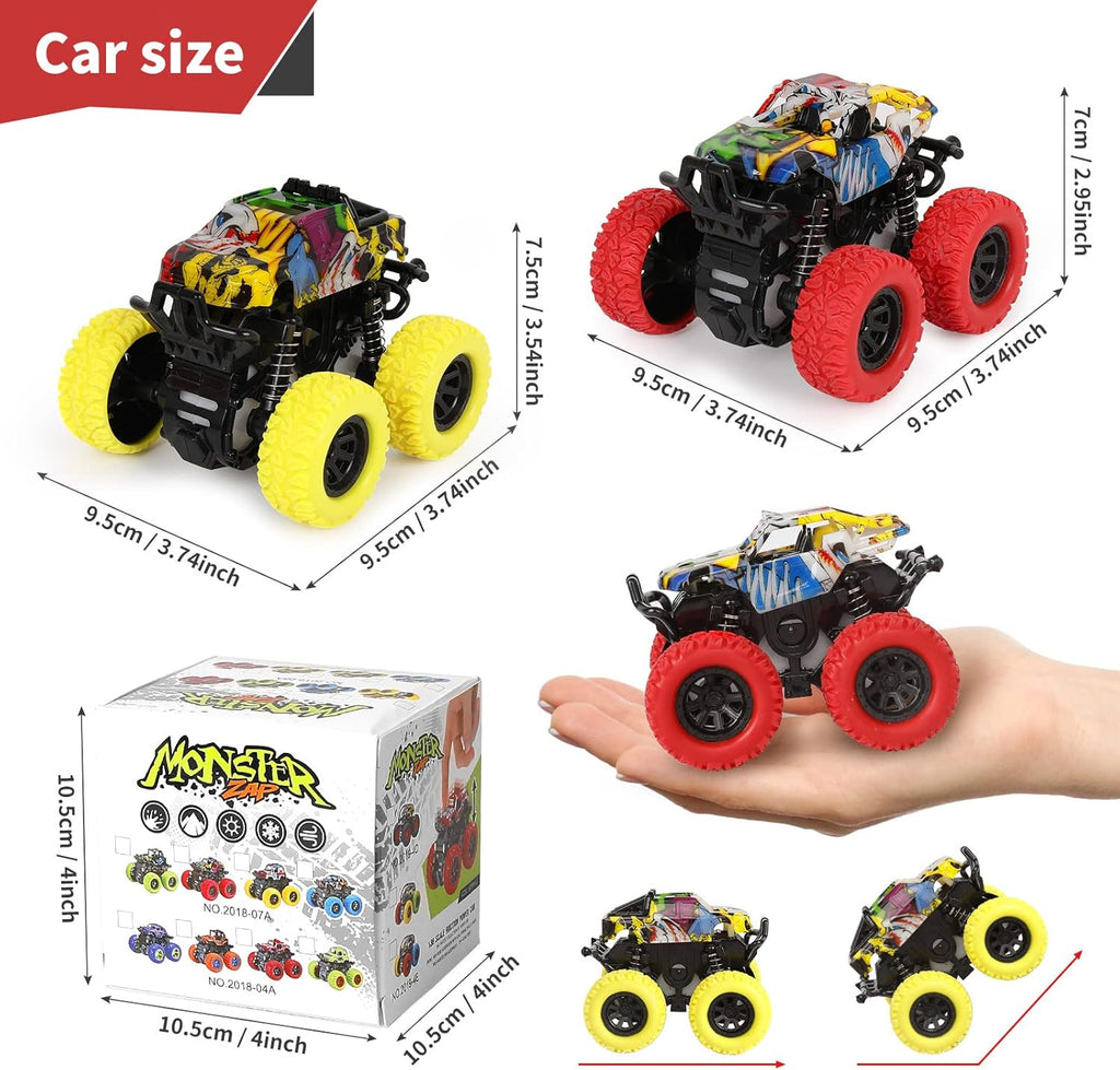 Monster Truck Toys for Kids, Friction Cars for Toddlers Push and Go 360° Rotating Stunt Car for 3+ Year Old Boys Girls Gifts (2 Pack - Red and Yellow)